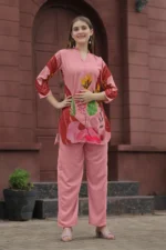 Premium Rust Pink Botanical Print Kurti Palazzo Set for Women – Stylish Straight Fit Co-Ord