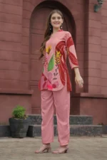Premium Rust Pink Botanical Print Kurti Palazzo Set for Women – Stylish Straight Fit Co-Ord - Image 8