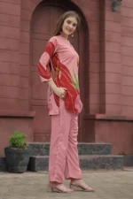 Premium Rust Pink Botanical Print Kurti Palazzo Set for Women – Stylish Straight Fit Co-Ord - Image 7