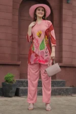 Premium Rust Pink Botanical Print Kurti Palazzo Set for Women – Stylish Straight Fit Co-Ord - Image 5