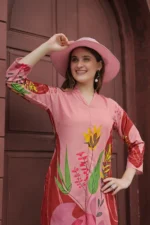 Premium Rust Pink Botanical Print Kurti Palazzo Set for Women – Stylish Straight Fit Co-Ord - Image 4