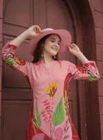 Premium Rust Pink Botanical Print Kurti Palazzo Set for Women – Stylish Straight Fit Co-Ord - Image 3