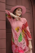 Premium Rust Pink Botanical Print Kurti Palazzo Set for Women – Stylish Straight Fit Co-Ord - Image 2