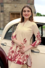 Premium Cream Printed Kurti Palazzo Set for Women – Stylish Mandarin Neck Co-Ord - Image 2