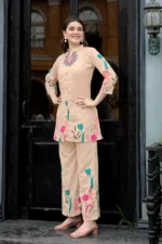 Designer Beige Multi-Color Floral Two Piece Set – Modern Kurti with Matching Palazzo Pants - Image 2