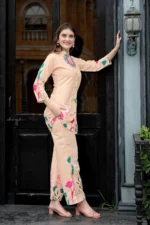 Designer Beige Multi-Color Floral Two Piece Set – Modern Kurti with Matching Palazzo Pants - Image 7