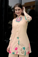 Designer Beige Multi-Color Floral Two Piece Set – Modern Kurti with Matching Palazzo Pants - Image 4