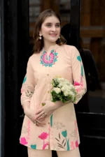 Designer Beige Multi-Color Floral Two Piece Set – Modern Kurti with Matching Palazzo Pants - Image 3