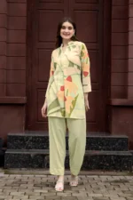Premium Pista Green Botanical Print Kurti Palazzo Set for Women – Stylish Straight Fit Co-Ord - Image 9