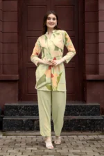 Premium Pista Green Botanical Print Kurti Palazzo Set for Women – Stylish Straight Fit Co-Ord - Image 8
