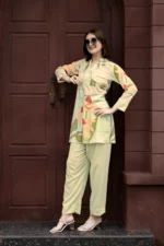 Premium Pista Green Botanical Print Kurti Palazzo Set for Women – Stylish Straight Fit Co-Ord - Image 4