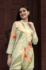 Premium Pista Green Botanical Print Kurti Palazzo Set for Women – Stylish Straight Fit Co-Ord - Image 3