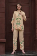 Women’s Luxury Beige Artistic Printed Co-Ord Set – Casual, Festive & Office Wear Outfit - Image 2