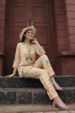 Women’s Luxury Beige Artistic Printed Co-Ord Set – Casual, Festive & Office Wear Outfit - Image 5