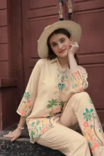 Women’s Luxury Beige Artistic Printed Co-Ord Set – Casual, Festive & Office Wear Outfit - Image 4
