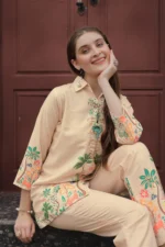 Women’s Luxury Beige Artistic Printed Co-Ord Set – Casual, Festive & Office Wear Outfit - Image 3