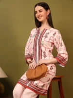 Women’s Cream Ethnic Printed Kurti with Straight Palazzo Co-Ord Set – Elegant Designer Two Piece Outfit - Image 8