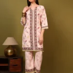 Women’s Blush Peach Ethnic Printed Kurti with Straight Palazzo Co-Ord Set – Elegant Designer Two Piece Outfit