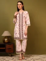Women’s Blush Peach Ethnic Printed Kurti with Straight Palazzo Co-Ord Set – Elegant Designer Two Piece Outfit