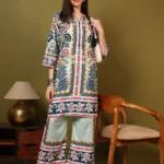 Designer Aqua Multi-Color Traditional Print Two Piece Set – Modern Ethnic Kurti with Matching Pants