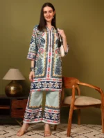 Designer Aqua Multi-Color Traditional Print Two Piece Set – Modern Ethnic Kurti with Matching Pants