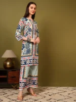 Designer Aqua Multi-Color Traditional Print Two Piece Set – Modern Ethnic Kurti with Matching Pants - Image 2