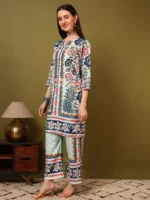 Designer Aqua Multi-Color Traditional Print Two Piece Set – Modern Ethnic Kurti with Matching Pants - Image 8