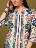 Designer Aqua Multi-Color Traditional Print Two Piece Set – Modern Ethnic Kurti with Matching Pants - Image 4