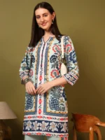 Designer Aqua Multi-Color Traditional Print Two Piece Set – Modern Ethnic Kurti with Matching Pants - Image 3