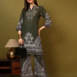 Women’s Olive Green Ethnic Printed Kurti with Wide-Leg Palazzo Co-Ord Set – Elegant Designer Two Piece Outfit