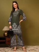 Women’s Olive Green Ethnic Printed Kurti with Wide-Leg Palazzo Co-Ord Set – Elegant Designer Two Piece Outfit