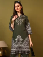 Women’s Olive Green Ethnic Printed Kurti with Wide-Leg Palazzo Co-Ord Set – Elegant Designer Two Piece Outfit - Image 8