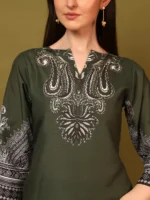 Women’s Olive Green Ethnic Printed Kurti with Wide-Leg Palazzo Co-Ord Set – Elegant Designer Two Piece Outfit - Image 7