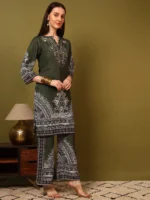 Women’s Olive Green Ethnic Printed Kurti with Wide-Leg Palazzo Co-Ord Set – Elegant Designer Two Piece Outfit - Image 6