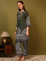 Women’s Olive Green Ethnic Printed Kurti with Wide-Leg Palazzo Co-Ord Set – Elegant Designer Two Piece Outfit - Image 5