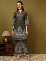 Women’s Olive Green Ethnic Printed Kurti with Wide-Leg Palazzo Co-Ord Set – Elegant Designer Two Piece Outfit - Image 4