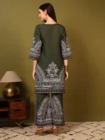 Women’s Olive Green Ethnic Printed Kurti with Wide-Leg Palazzo Co-Ord Set – Elegant Designer Two Piece Outfit - Image 3