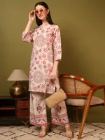 Women’s Light Pink Ethnic Printed Kurti with Palazzo Co-Ord Set – Elegant Designer Two Piece Outfit
