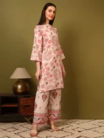 Women’s Light Pink Ethnic Printed Kurti with Palazzo Co-Ord Set – Elegant Designer Two Piece Outfit - Image 2