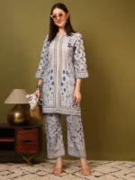 Women’s Grey & Blue Ethnic Printed Kurti with Palazzo Co-Ord Set – Elegant Designer Two Piece Outfit
