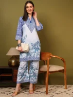 Women’s Sky Blue Floral Printed Kurti with Palazzo Co-Ord Set – Elegant Designer Two Piece Outfit