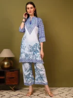 Women’s Sky Blue Floral Printed Kurti with Palazzo Co-Ord Set – Elegant Designer Two Piece Outfit - Image 5