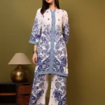 Women’s Royal Blue & White Ethnic Printed Kurti with Palazzo Co-Ord Set – Designer Two Piece Outfit