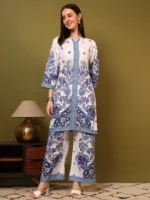 Women’s Royal Blue & White Ethnic Printed Kurti with Palazzo Co-Ord Set – Designer Two Piece Outfit
