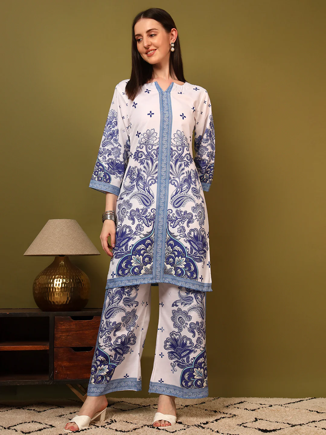 CD-55-Blue-1 Women’s Royal Blue & White Ethnic Printed Kurti with Palazzo Co-Ord Set – Designer Two Piece Outfit - Image 1