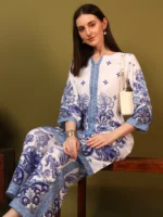 Women’s Royal Blue & White Ethnic Printed Kurti with Palazzo Co-Ord Set – Designer Two Piece Outfit - Image 3