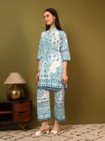 Women’s Off White & Turquoise Ethnic Printed Kurti with Palazzo Co-Ord Set – Designer Two Piece Outfit - Image 8