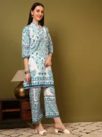Women’s Off White & Turquoise Ethnic Printed Kurti with Palazzo Co-Ord Set – Designer Two Piece Outfit - Image 7