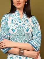 Women’s Off White & Turquoise Ethnic Printed Kurti with Palazzo Co-Ord Set – Designer Two Piece Outfit - Image 5