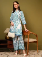 Women’s Off White & Turquoise Ethnic Printed Kurti with Palazzo Co-Ord Set – Designer Two Piece Outfit - Image 4